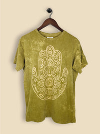 A khaki t-shirt featuring a print of a hamsa hand with geometric patterning