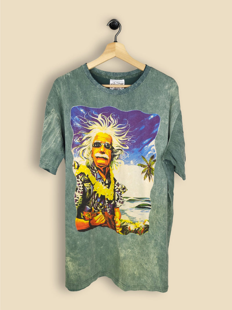A sea green-coloured T-shirt with a stonewash, tie-dye effect. The front of the shirt features a vibrant graphic print of Albert Einstein, wearing sunglasses, a Hawaiian shirt, and a yellow lei. The background of the graphic includes a tropical beach scene with palm trees and ocean waves.
