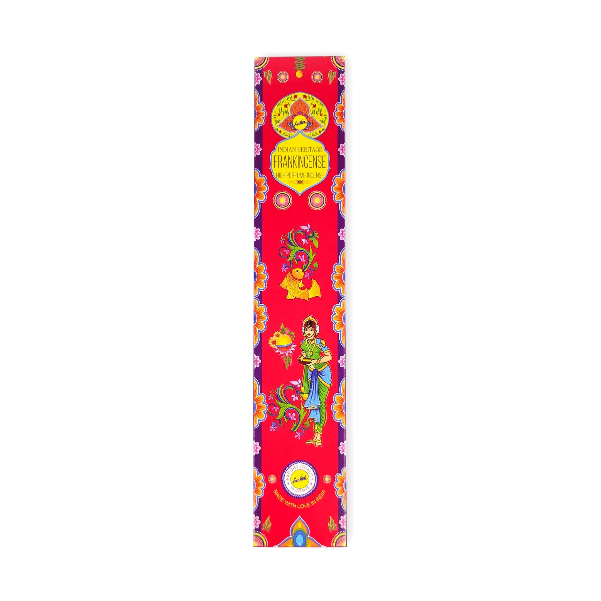 A vibrant red incense packaging adorned with intricate floral patterns and traditional Indian artwork. The packaging is labelled 'Indian Heritage Frankincense Perfume Incense.' The design features detailed illustrations of a person in traditional attire and various decorative elements.