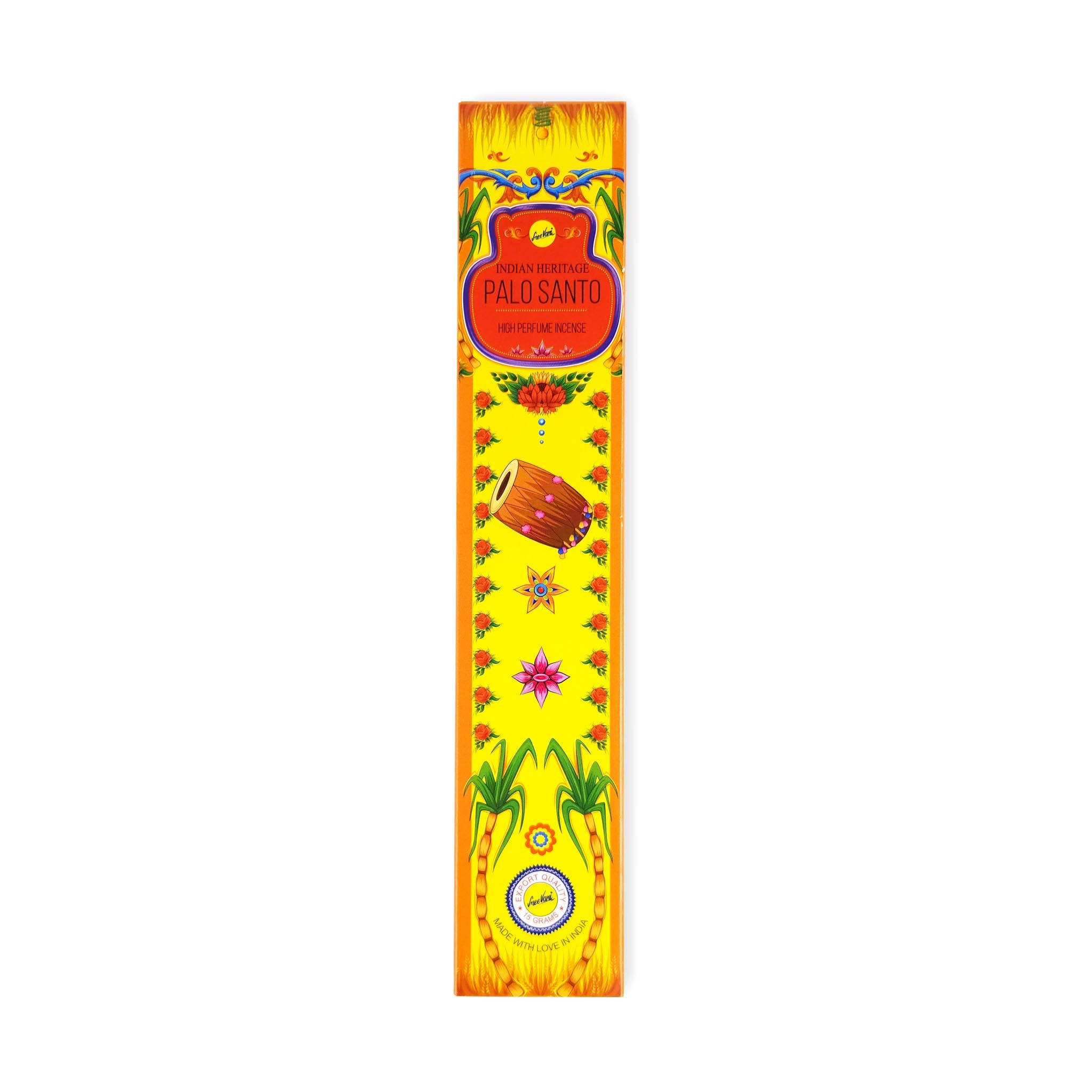 This image shows a package of Indian Heritage Palo Santo high perfume incense. It is interesting because of its vibrant and intricate design, which includes traditional Indian motifs and bright colours, making it visually appealing and culturally significant.