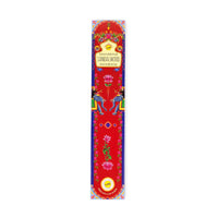 A colourful incense packaging with a red background, adorned with intricate floral designs and two blue elephants facing each other. The label at the top reads 'Indian Heritage Sandalwood High Perfume Incense.' The bottom of the packaging has a circular yellow logo with text.