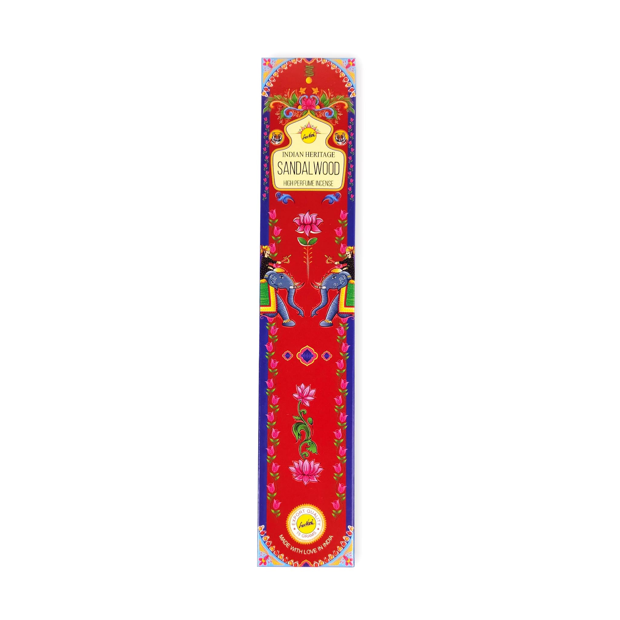 A colourful incense packaging with a red background, adorned with intricate floral designs and two blue elephants facing each other. The label at the top reads 'Indian Heritage Sandalwood High Perfume Incense.' The bottom of the packaging has a circular yellow logo with text.