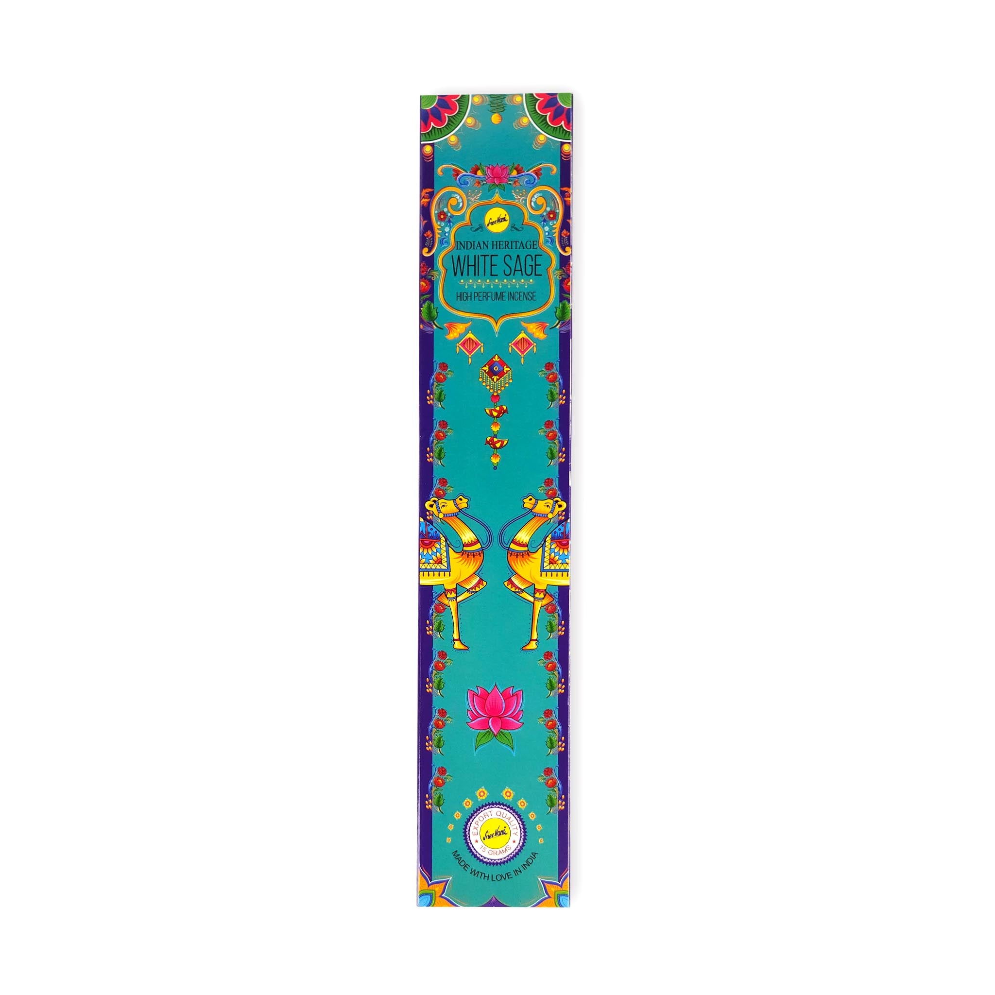 A colourful package of Indian Heritage White Sage herb perfume incense. The package features vibrant designs with intricate patterns, including two yellow camels facing each other, floral motifs, and a lotus flower at the bottom. The background is primarily turquoise with accents of purple, red, and yellow. The text on the package reads 'Indian Heritage White Sage Herb Perfume Incense' and 'Made with Love in India.