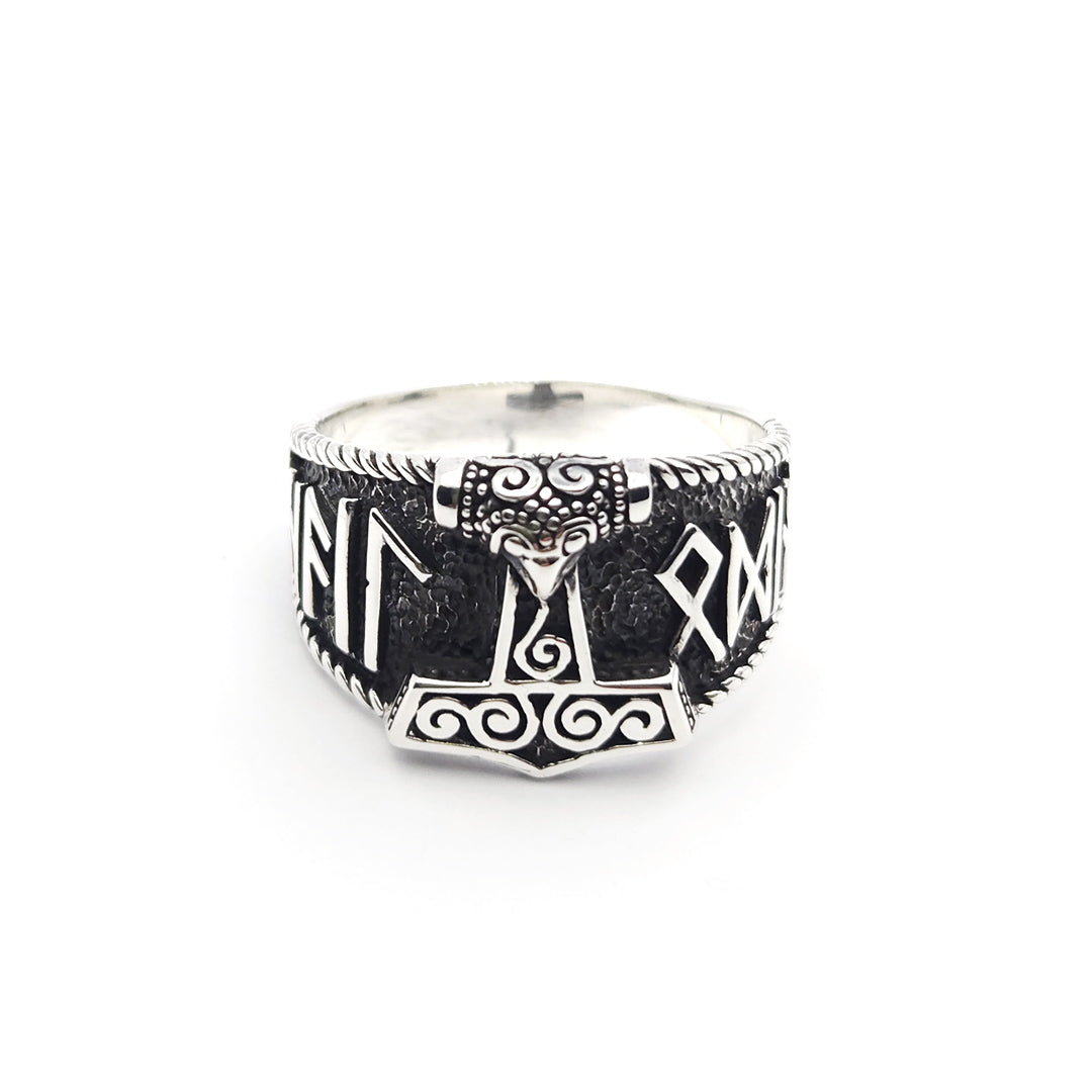 Sterling Silver Thor's Hammer (Mjölnir) Runic Ring