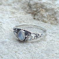 Side shot of 925 Sterling Silver Fern Leaf Rainbow Moonstone Ring
