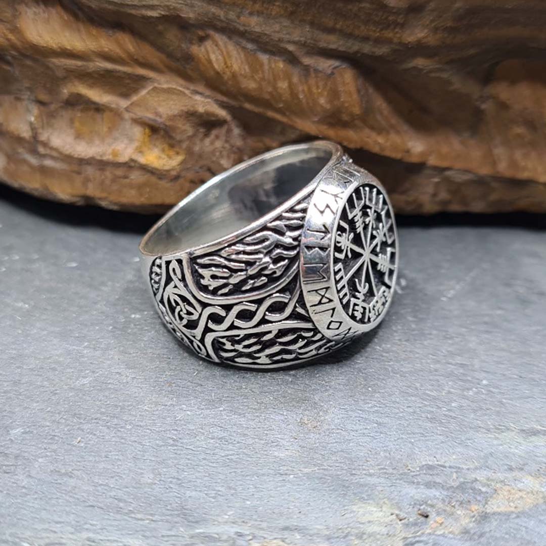 Side shot of 925 Sterling Silver Nordic Compass Ring with Ankh cross on side