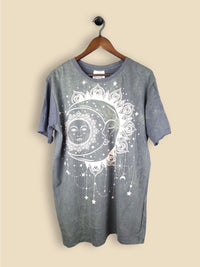 Slate Green T-shirt featuring a celestial design of a serene sun merging into a crescent moon with mandala details and star motifs