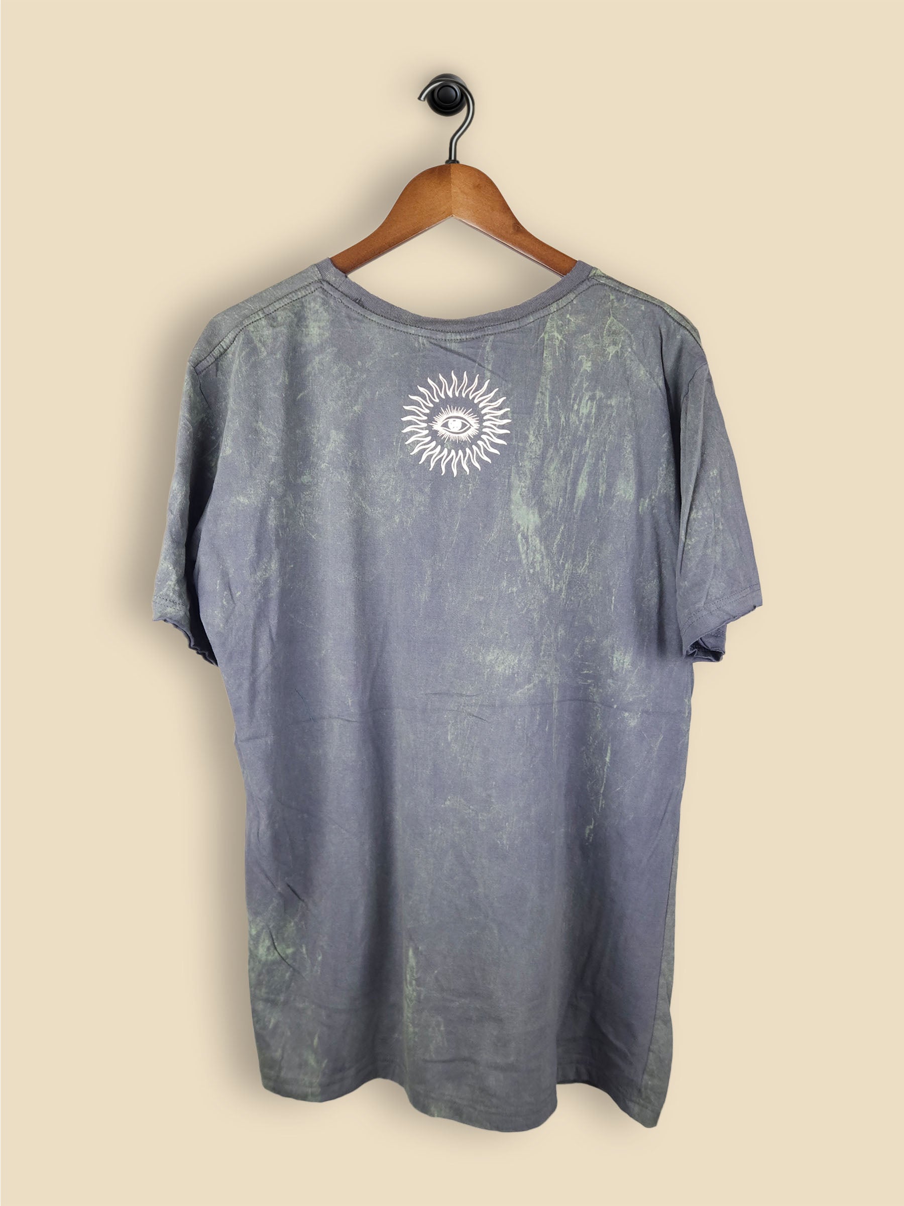 Slate Green T-shirt featuring a celestial design of a serene sun merging into a crescent moon with mandala details and star motifs