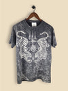 Black t-shirt with a mirrored white tiger graphic and abstract tribal symbols