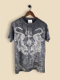 Black t-shirt with a mirrored white tiger graphic and abstract tribal symbols