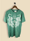 Green t-shirt with a mirrored white tiger graphic and abstract tribal symbols