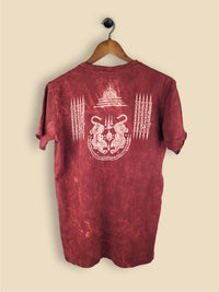 Maroon t-shirt with a mirrored white tiger graphic and abstract tribal symbols