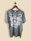 Slate Green t-shirt with a mirrored white tiger graphic and abstract tribal symbols