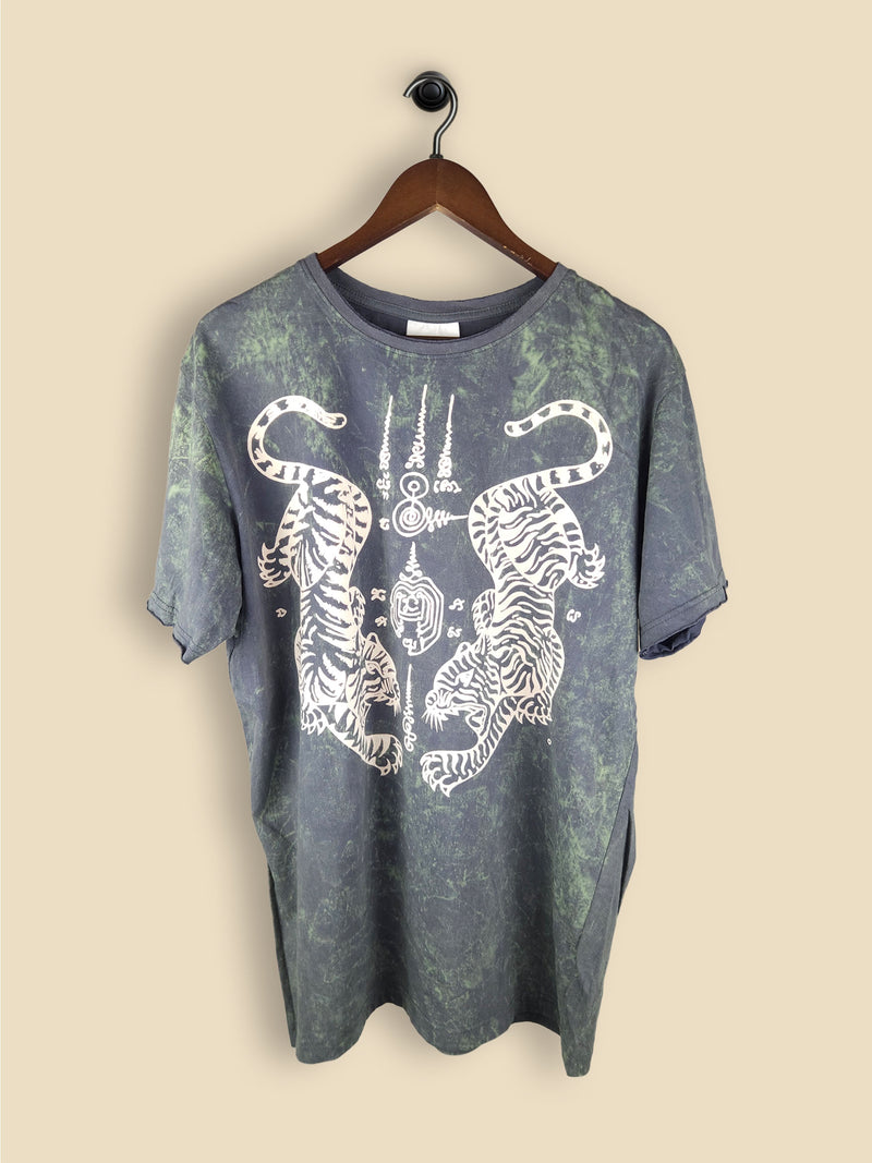 Slate Green t-shirt with a mirrored white tiger graphic and abstract tribal symbols