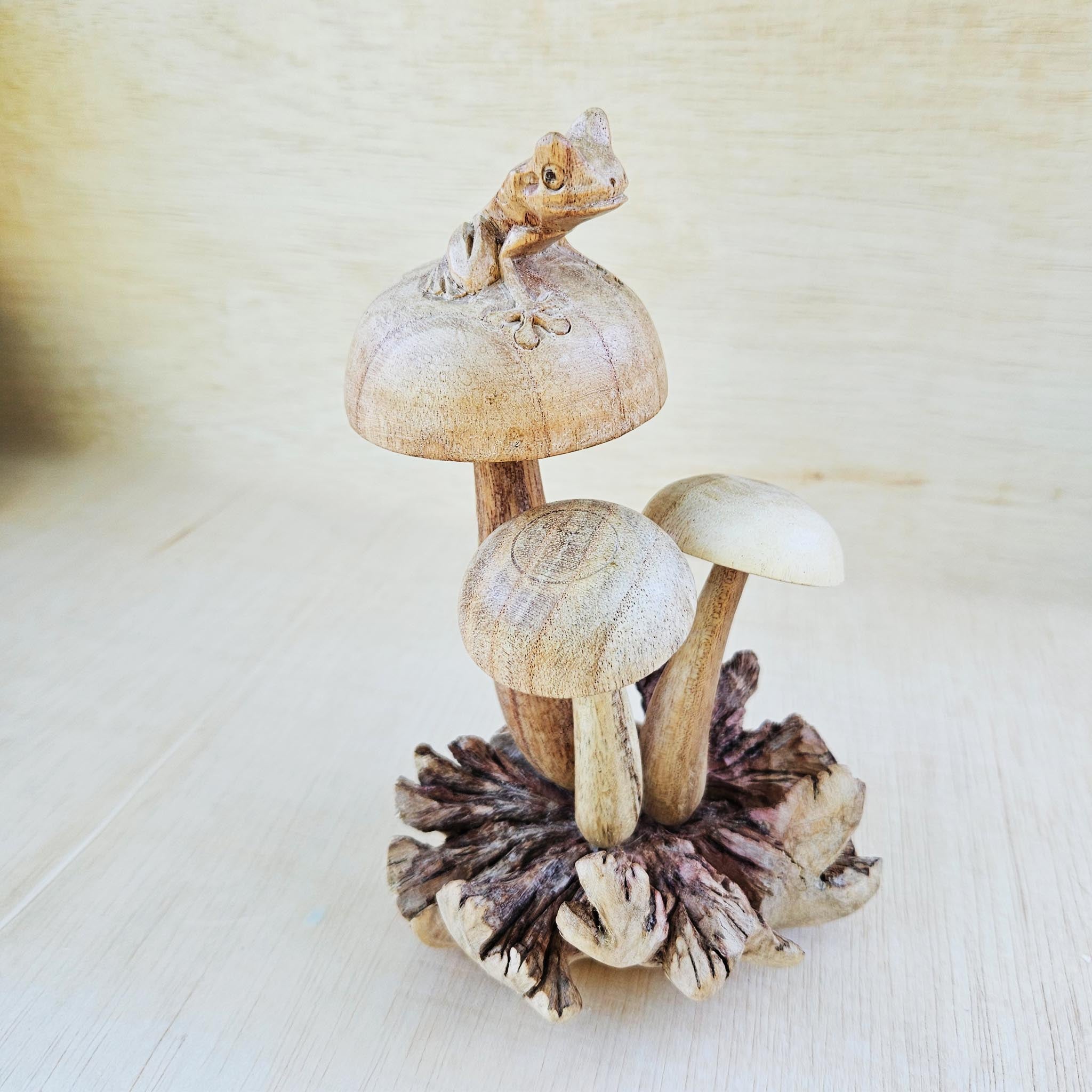 Parasite Wood Carved Frog on Mushrooms