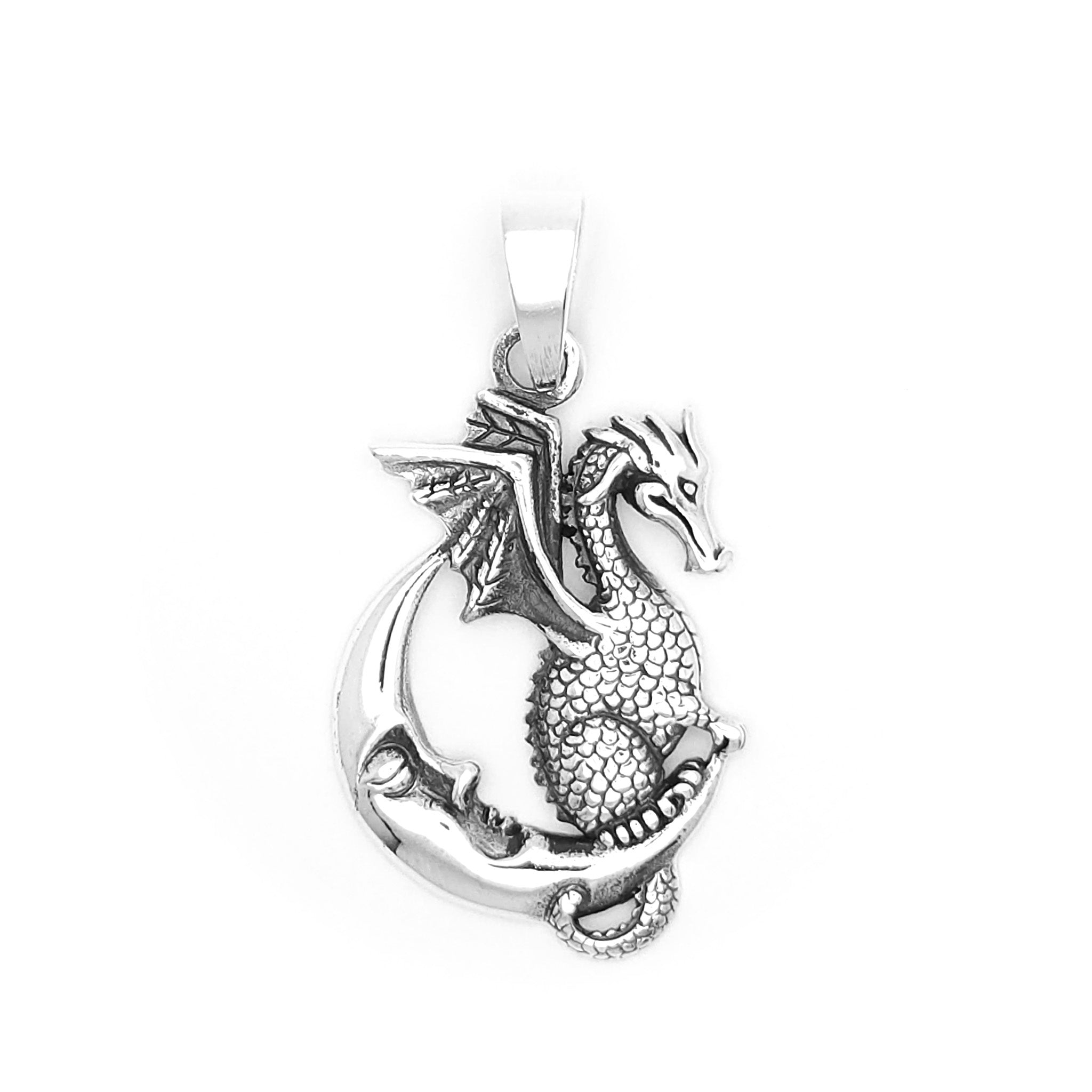 Sterling Silver Cute Dragon Crescent Moon Face Pendant