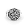 A silver ring featuring intricate designs and symbols. The central design is a hexagram (Star of David) surrounded by concentric circles filled with various symbols and characters. The outer circle contains a series of runic or mystical characters.