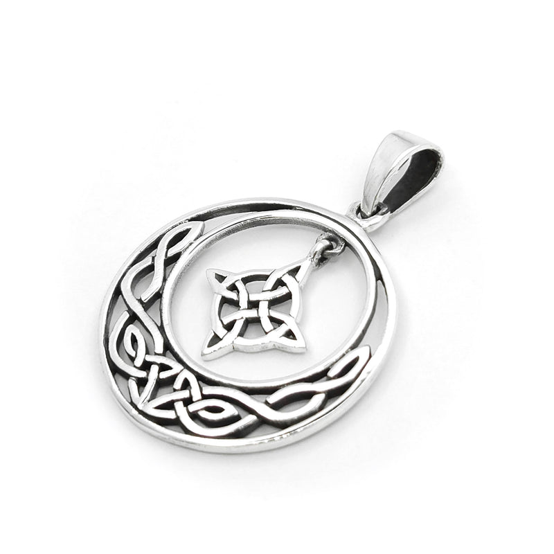 Sterling Silver Celtic Crescent Moon Hanging Witches Knot Pendant