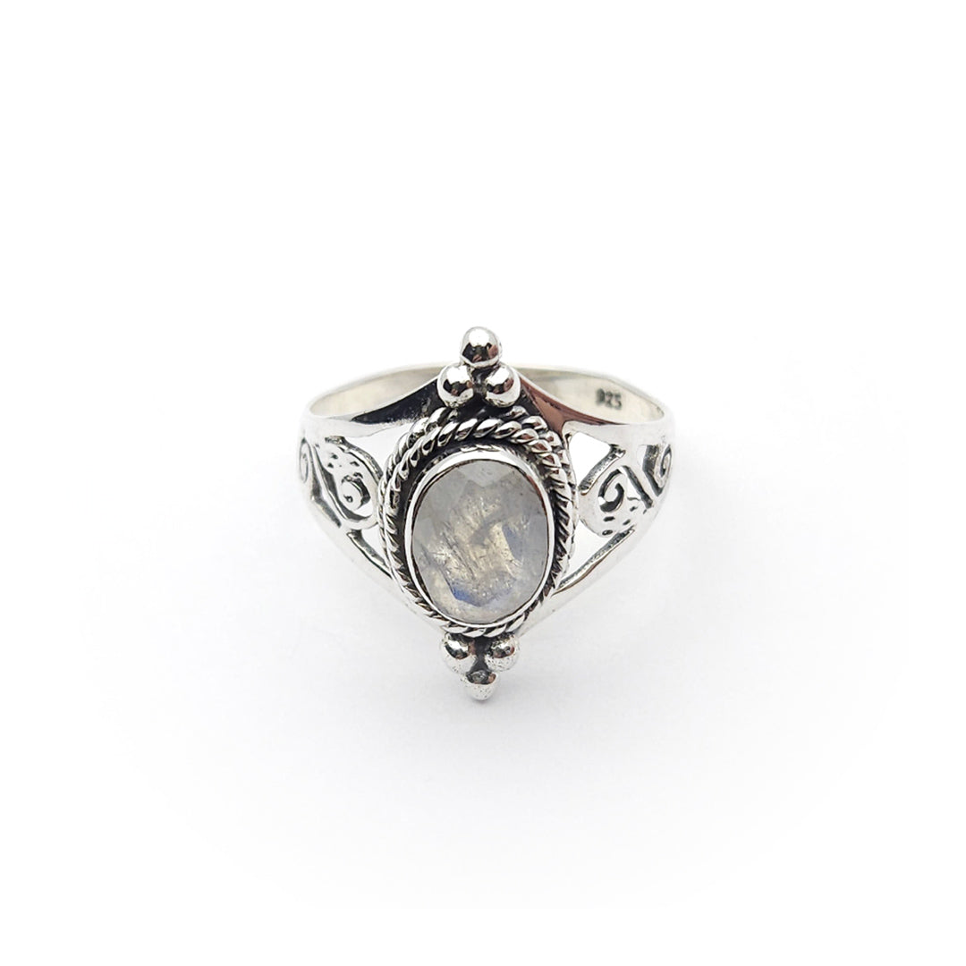 Sterling Silver Faceted Double Spiral Rainbow Moonstone Ring
