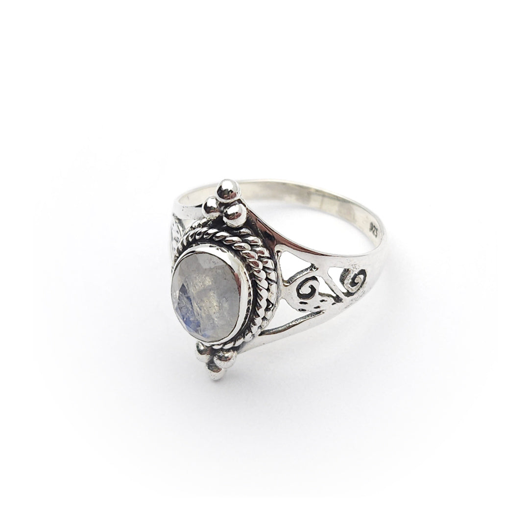 Sterling Silver Faceted Double Spiral Rainbow Moonstone Ring