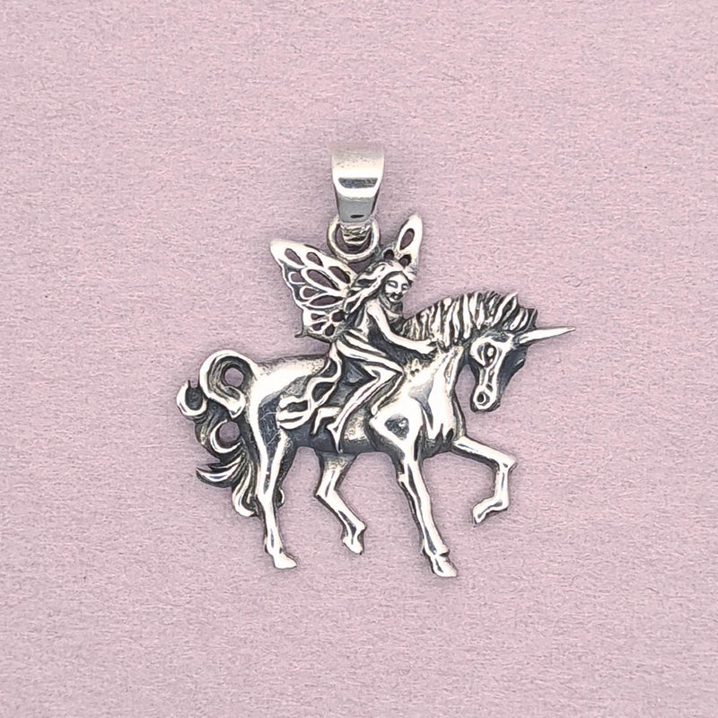 Sterling Silver Fairy Riding Unicorn Pendant