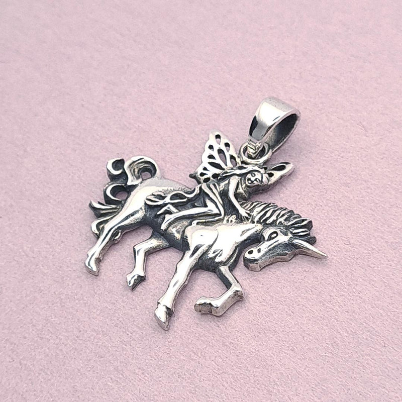 Sterling Silver Fairy Riding Unicorn Pendant