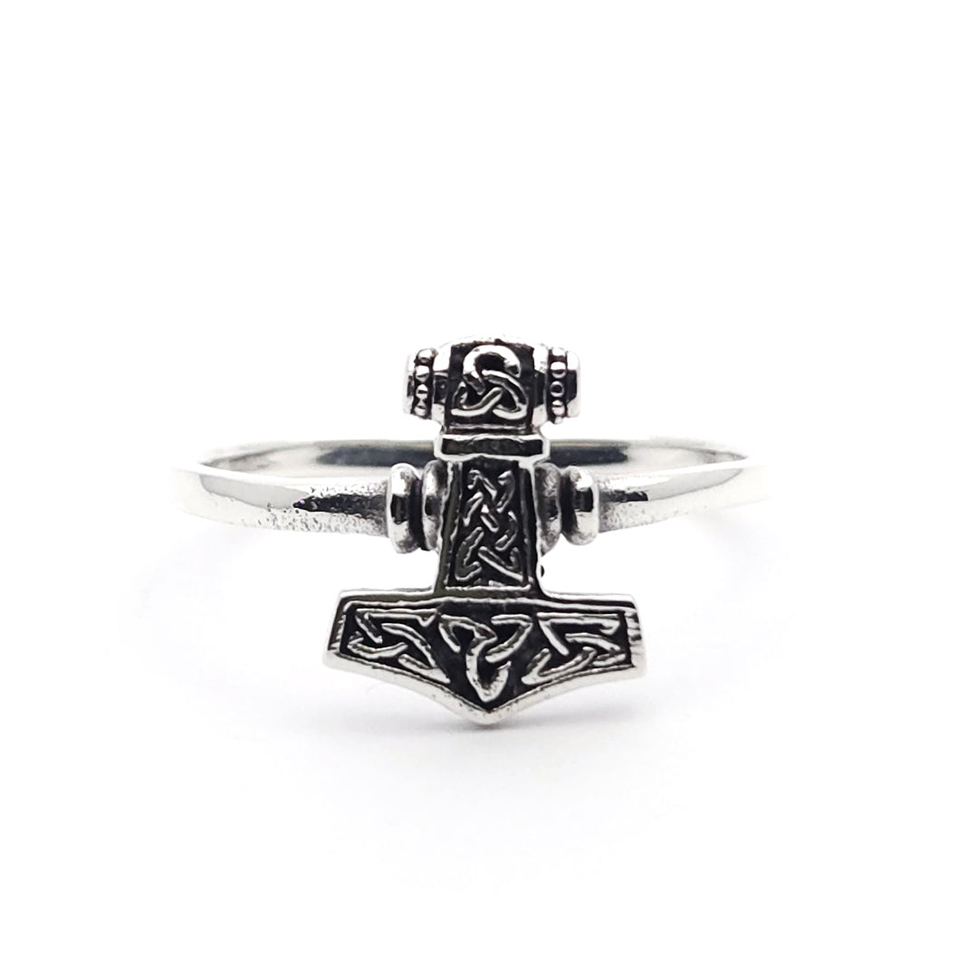 Sterling Silver Mjolnir Thors Hammer Ring with Triquetra Detail