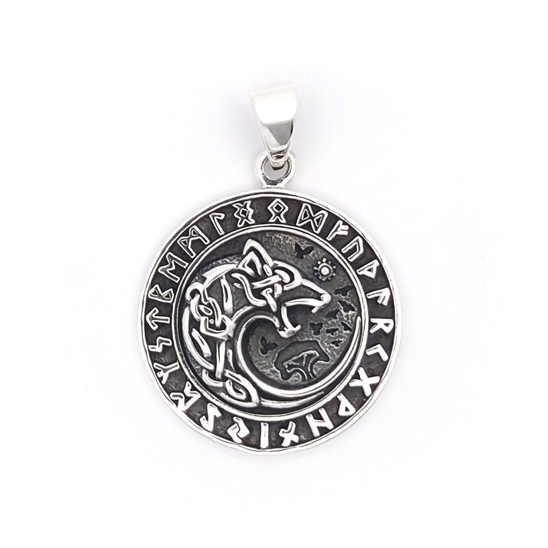 Sterling Silver Runic Wolf Pendant