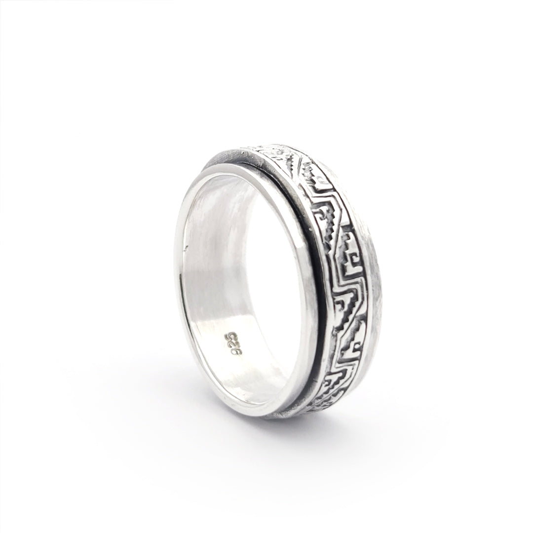 Sterling Silver Spinner Ring with Aztec Design