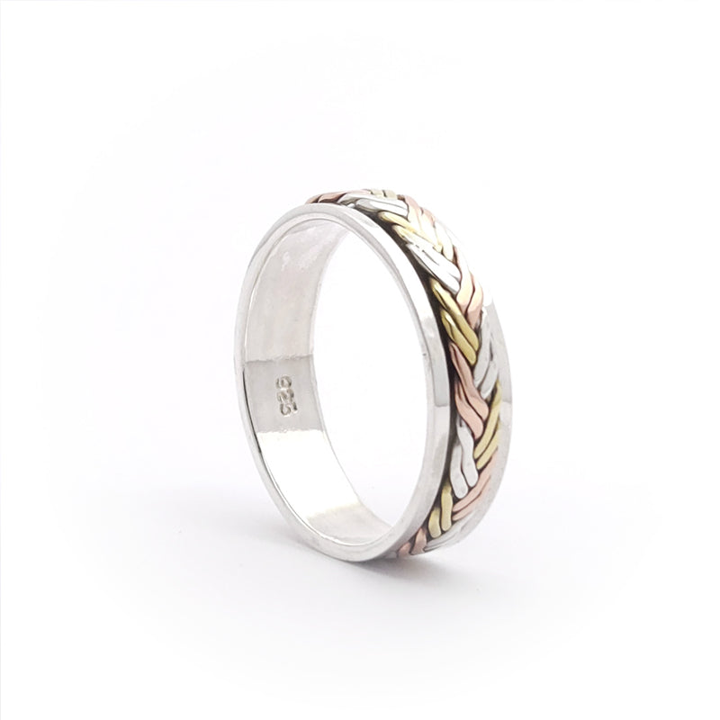 Sterling Silver Spinner Ring with Brass and Copper Braid