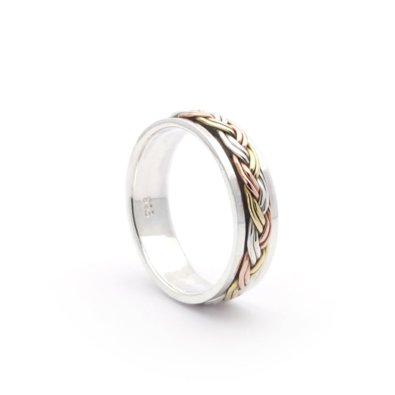 Sterling Silver Spinner Ring with Copper and Brass Braiding