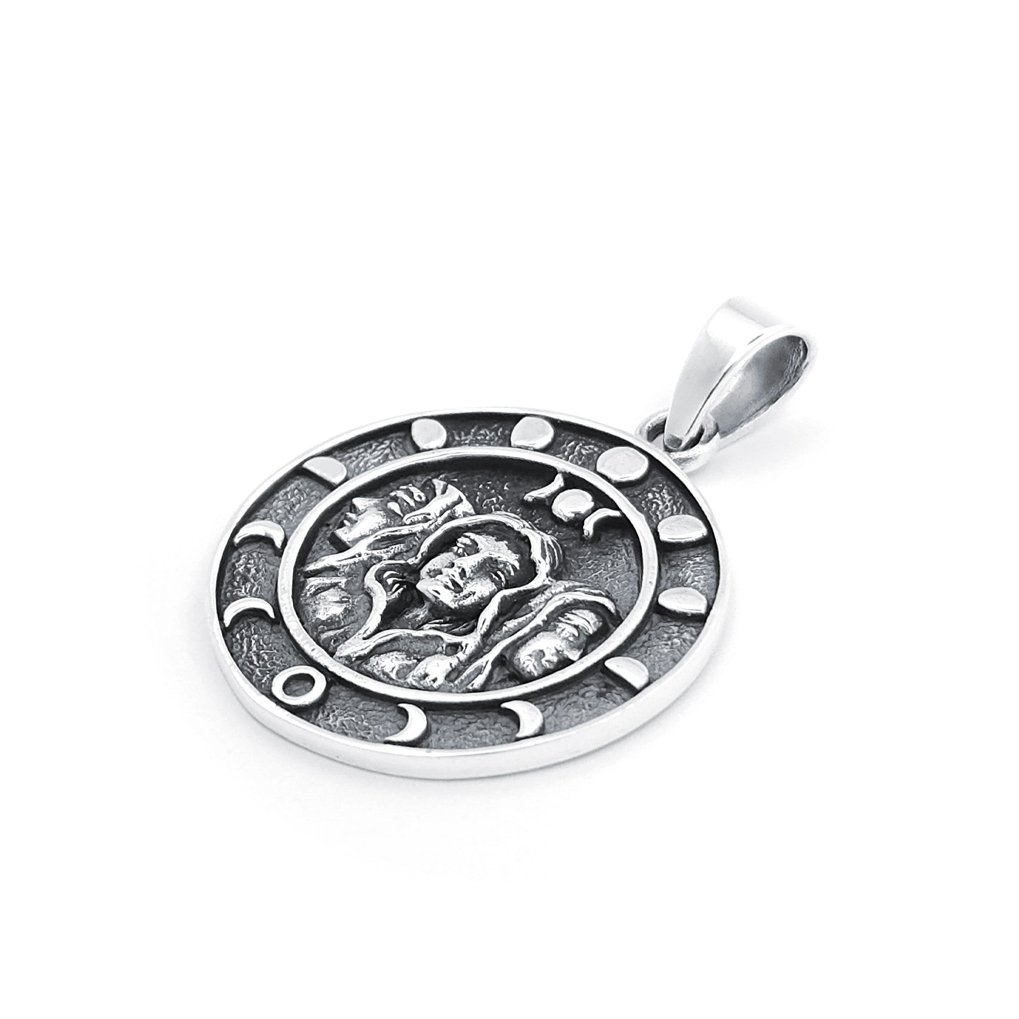 Sterling Silver Triple Moon Goddess Amulet with Lunar Phases Pendant
