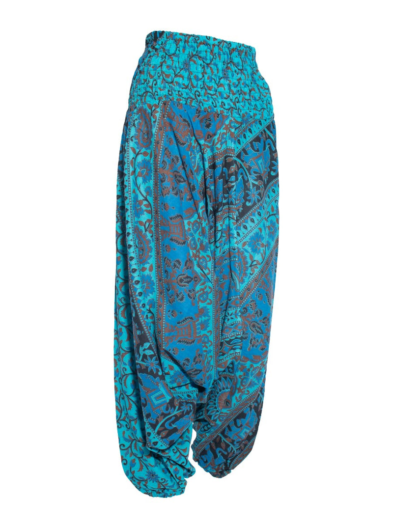 Side shot of blue drop crotch pants with floral and elephant print
