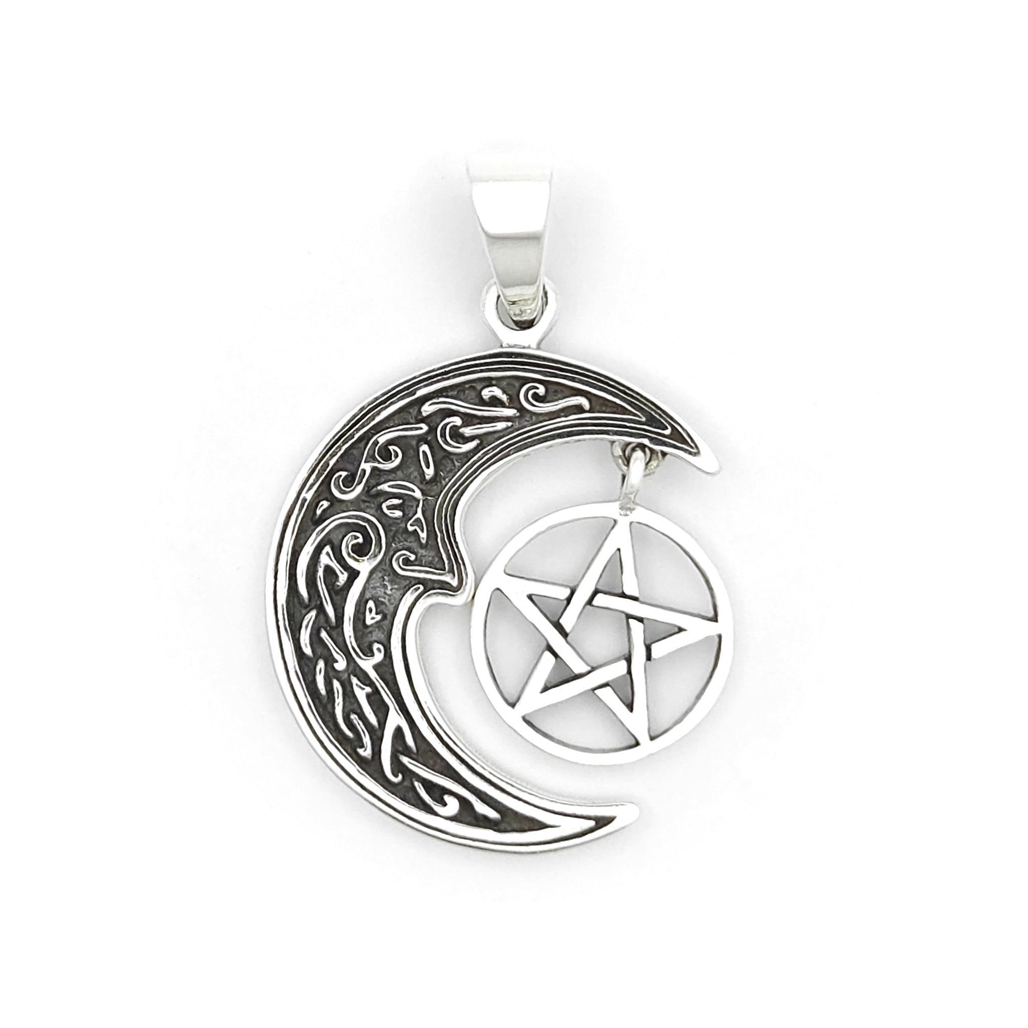 Sterling Silver Celtic Crescent Moon Face Hanging Pentagram Pendant