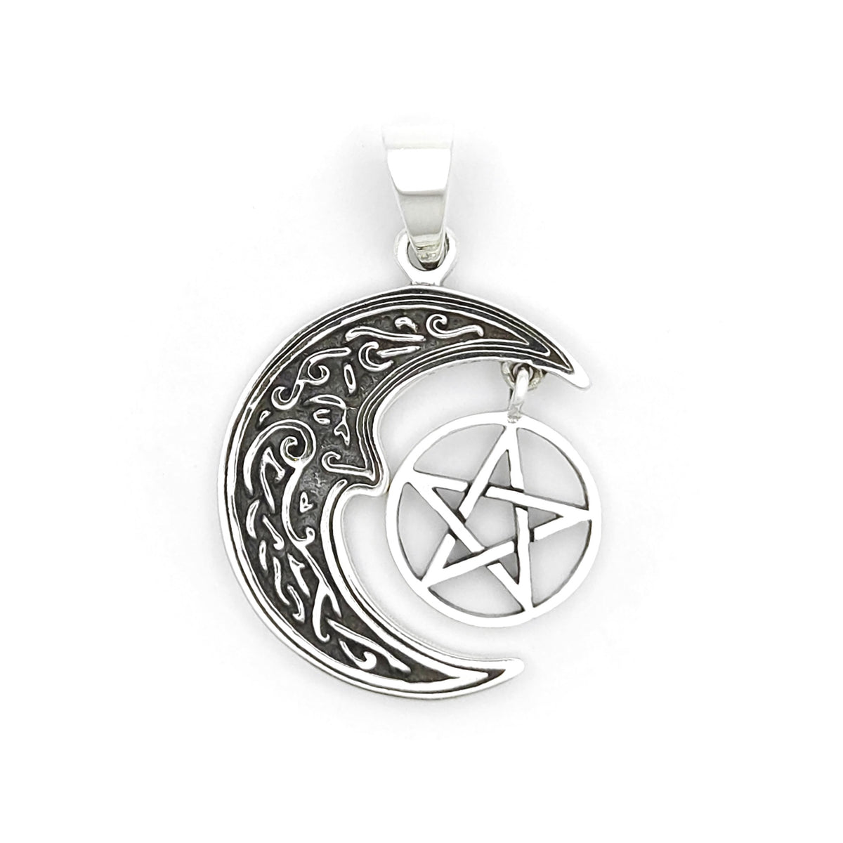 Sterling Silver Celtic Crescent Moon Face Hanging Pentagram Pendant ...