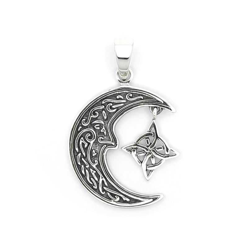 Sterling Silver Celtic Crescent Moon Face Hanging Witches Knot Pendant