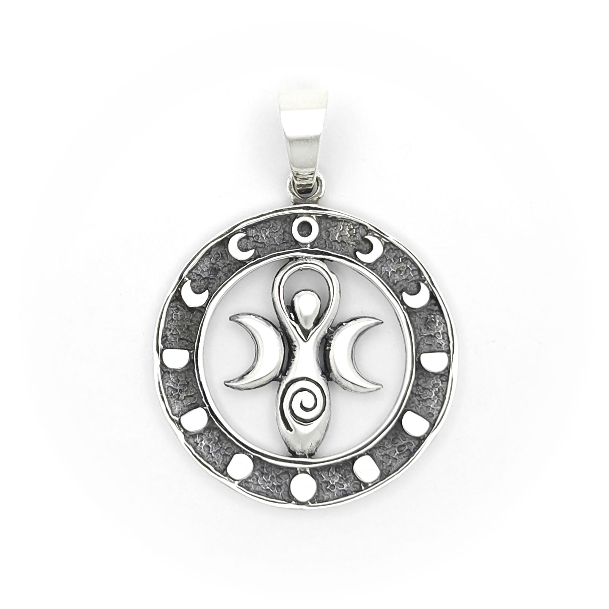 Sterling Silver Solid Lunar Cycle Encircled Sacred Goddess Pendant
