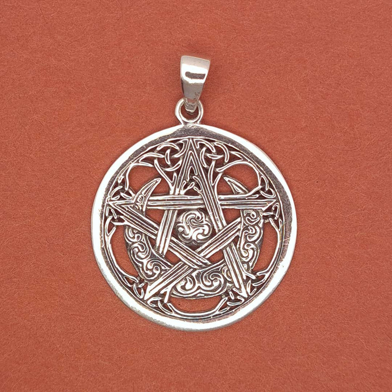 Front shot of 925 Sterling Silver Celtic Moon Pentagram Pendant