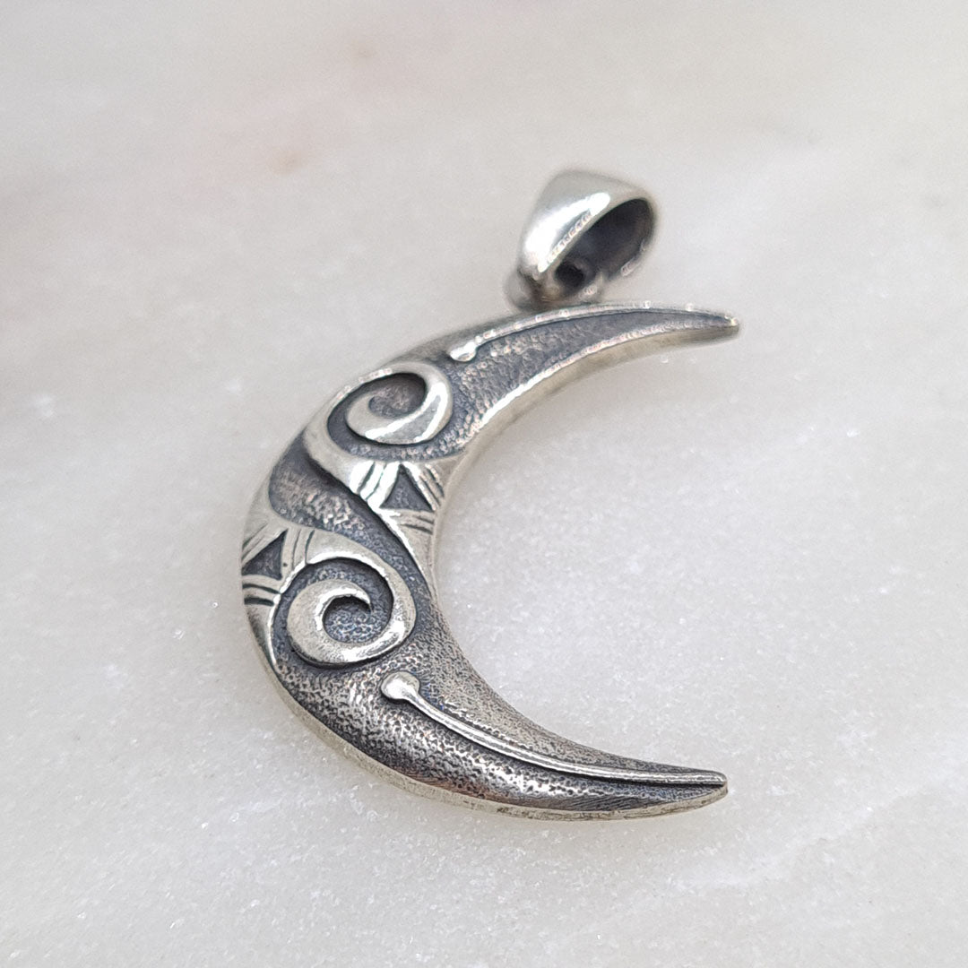 Sterling Silver Waning Crescent Tribal Moon Pendant – Elkai