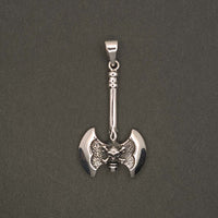Front shot of 925 Sterling Silver Double Bladed Axe With Skull Pendant