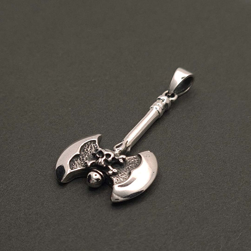 Side shot of 925 Sterling Silver Double Bladed Axe With Skull Pendant