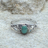Front shot of 925 sterling silver fern leaf turquoise ring.