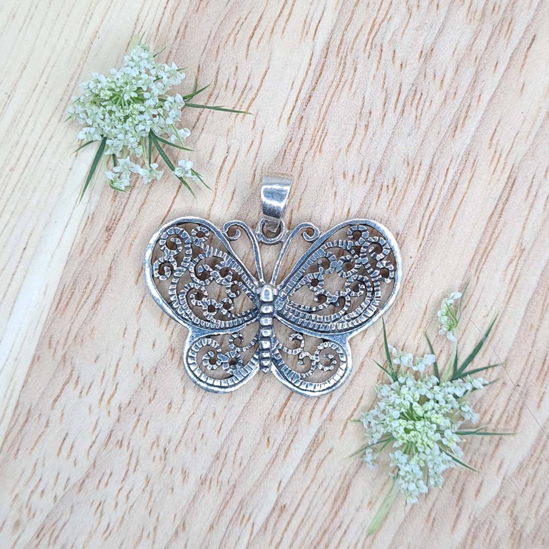 Front shot of 925 Sterling Silver Filigree Butterfly Pendant