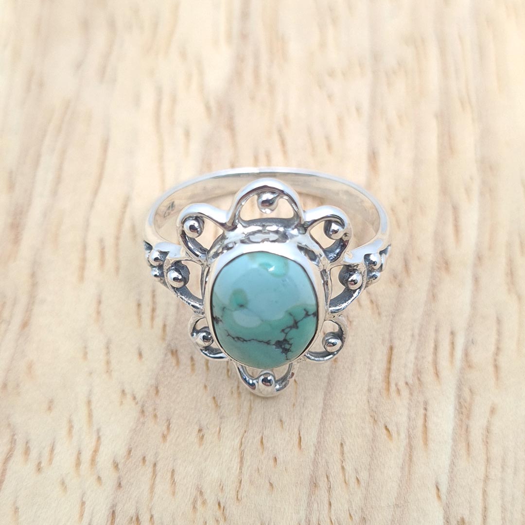 Front shot of 925 Sterling Silver Flower Turquoise Ring