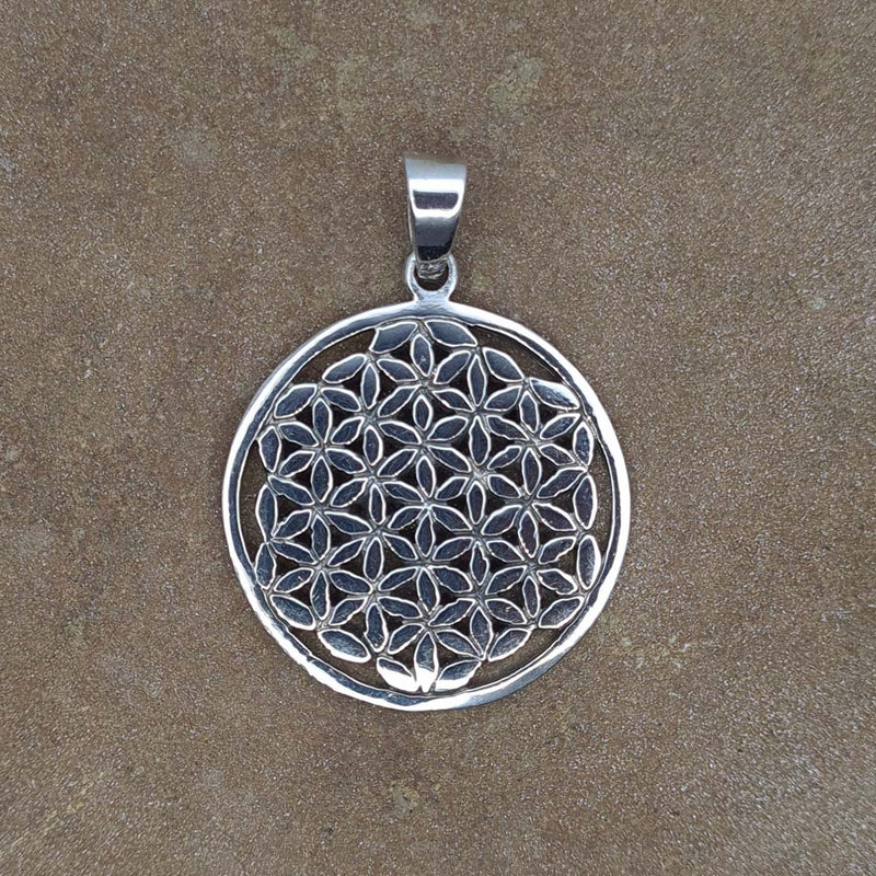 Front shot of 925 Sterling Silver Flower Of Life Disc Pendant