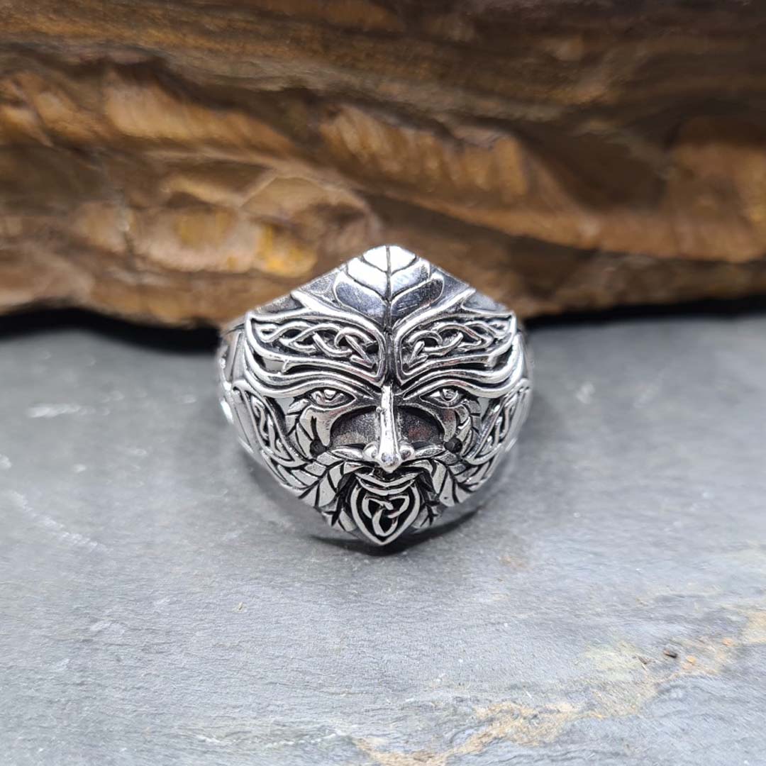 Front shot of 925 Sterling Silver Large Green Man Ring