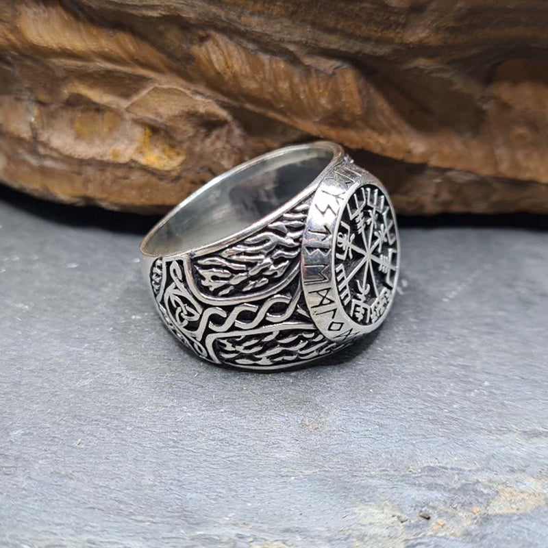 Side shot of 925 Sterling Silver Nordic Compass Ring with Ankh cross on side 