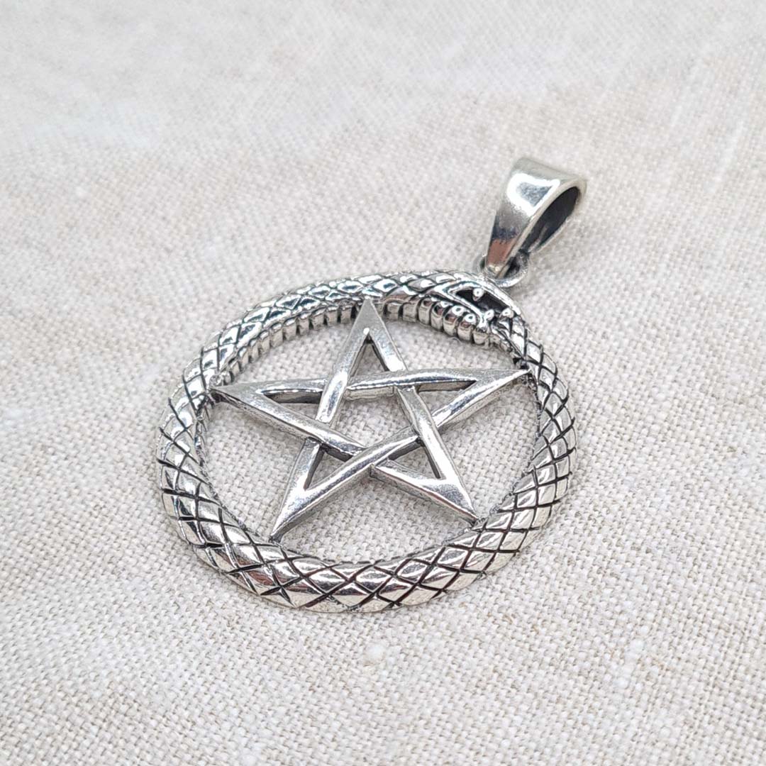 Side shot of 925 Sterling Silver Ouroboros Inverted Pentagram Pendant