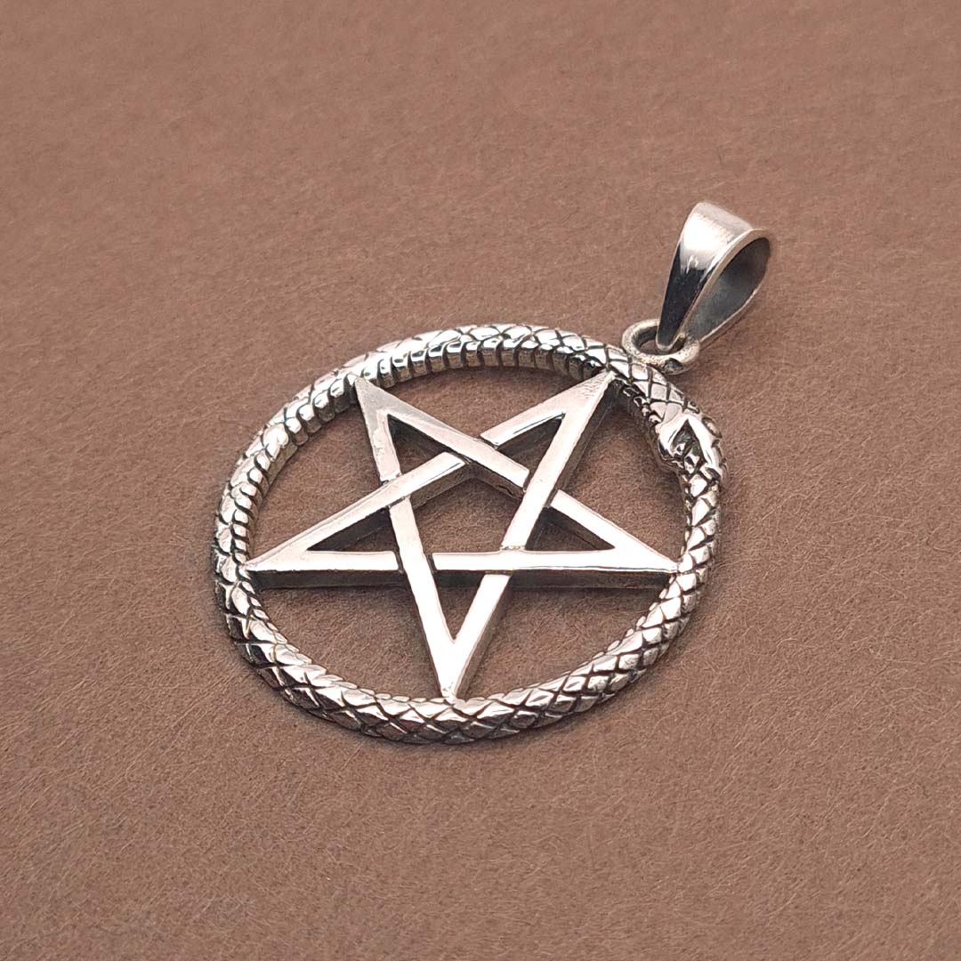 Sterling Silver Ouroboros Serpent Snake Pentagram Pendant Elkai