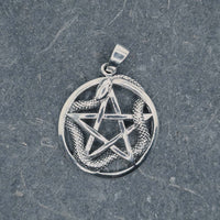 Front shot of Sterling Silver Pentagram With Intertwined Snake Pendant